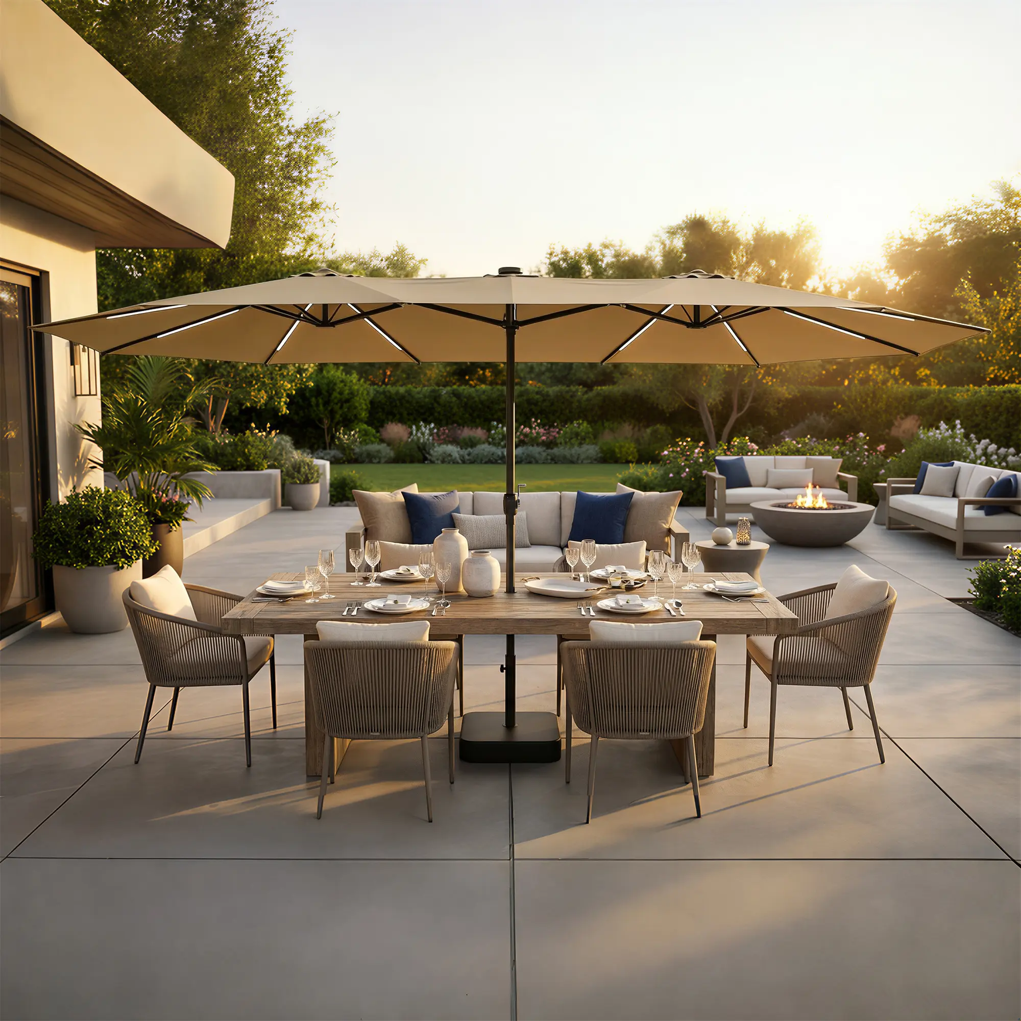 FUFU&GAGA 15ft Large Sturdy Umbrella Outdoor Patio Yard Umbrella with LED Light Strip Solar Panel Double-Sided Rectangle Market Auto-Tilt Patio Umbrella with 12 Sturdy Ribs (Base is included)
