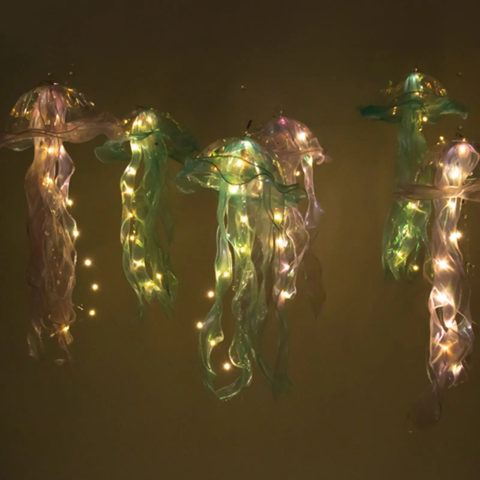 6-Pack 17in Hanging Decorative Lights, Blue Purple Jellyfish Glow Lanterns with 3 Flashing Modes Organza Ribbon LEDs for Under Sea, Ocean Theme Party Decor