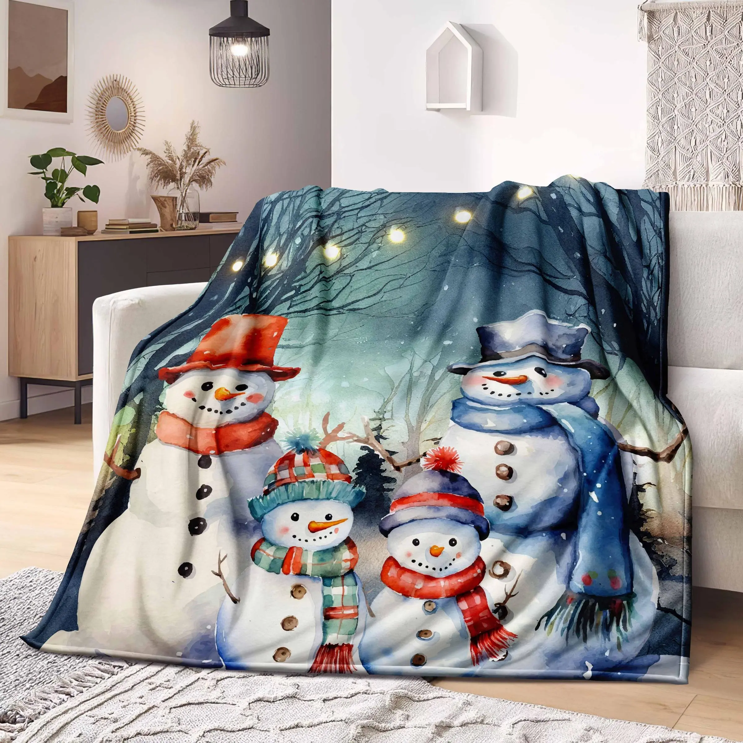 Snowman Pattern Blanket, 1 Count Soft Warm Throw Blanket, Air-conditioned Room Blanket, Warm Nap Blanket for Home Office Travel