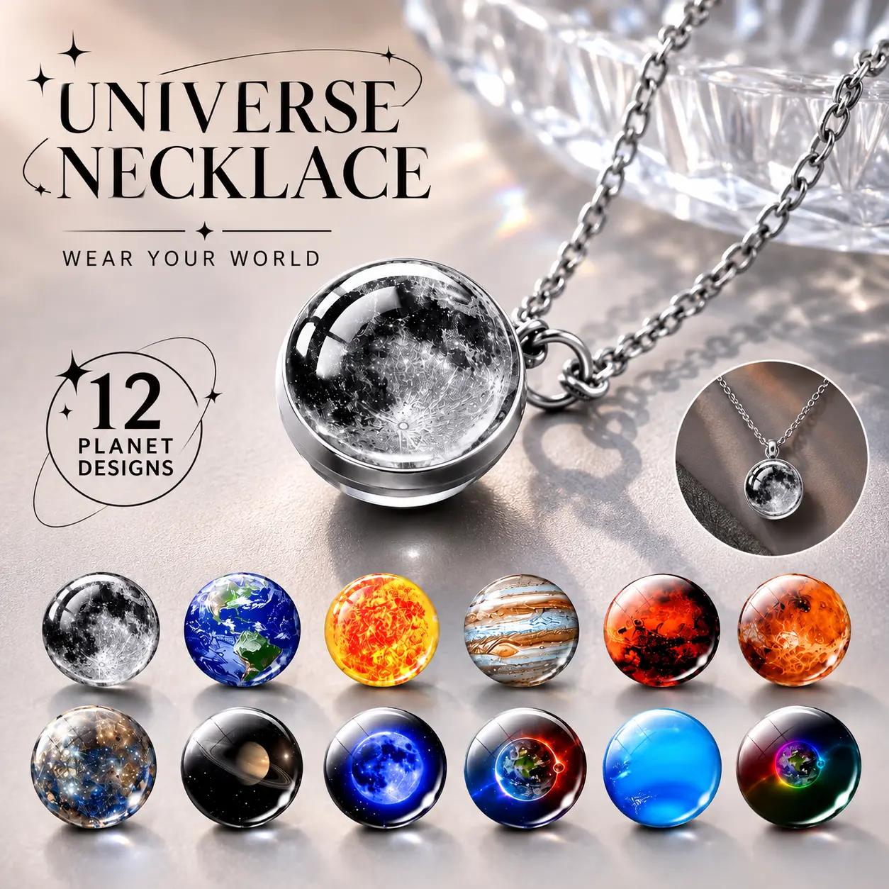 Cosmic Theme Solar System Galaxy Charm Necklace - Double-Sided Time Gem Ball Glass Pendant, Custom Charm Necklace for Women
