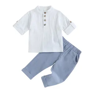 Boy's 2 Piece Summer Outfits Casual Henley Button Down Short Sleeve Shirts and Short Sets Kids Clothes Pants Sets
