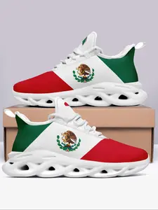 Women's Mexico Flag Print Lace Up Running Sneakers, Casual Comfortable Breathable Sports Fashionable Shoes, Gym Training Sport Walking Sneakers for Daily Wear, Running Athletic Shoes, Sporty Running Shoes
