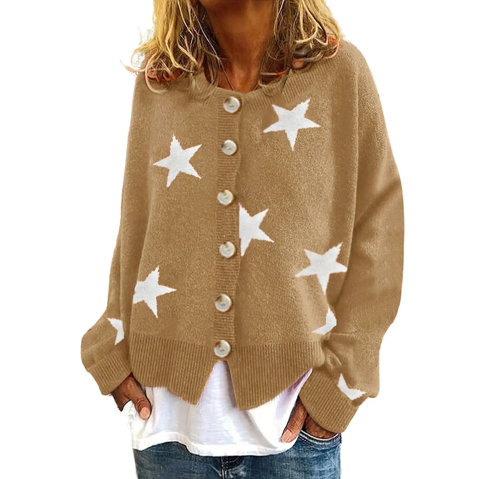 Chouyatou Women's Single-Breasted Star-Patterned Sweater