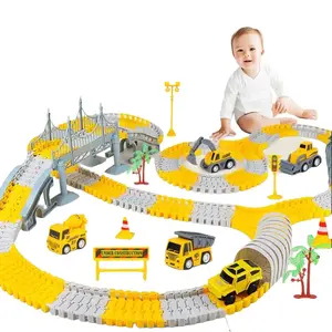 Kids Construction Track Toy Set Electric Engineering Vehicle DIY Flexible Railway Building Kit with Excavator Truck Car Educational STEM Toys for Boys Girls Ages 3 4 5 6 7 Toddler Creative Assembly Road Track Playset Gift