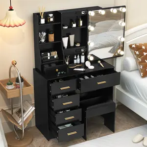 Vanity Desk with Slide Mirror and LED Lights, Makeup Vanity with 6 Drawers, Vanity Table with 4 Open Shelves and Stool 10 Dimmable LED Lights, for Bedroom, Dressing Room, Modern, Black gold decor