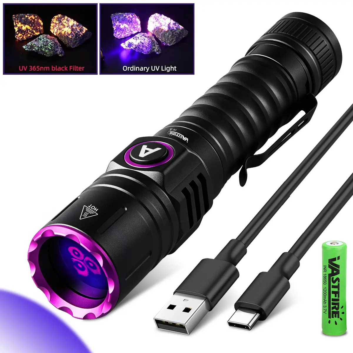 1*UV Flashlight, 15W 365nm LED UV Blacklight Pocket Flashlight Torches, High Power Aluminum Portable EDC Torch with 18650 Battery, TYPE-C USB Charging Cable, Rechargeable for Pet Stain Detection, Antique Porcelain Trace Search (Batteries Included)