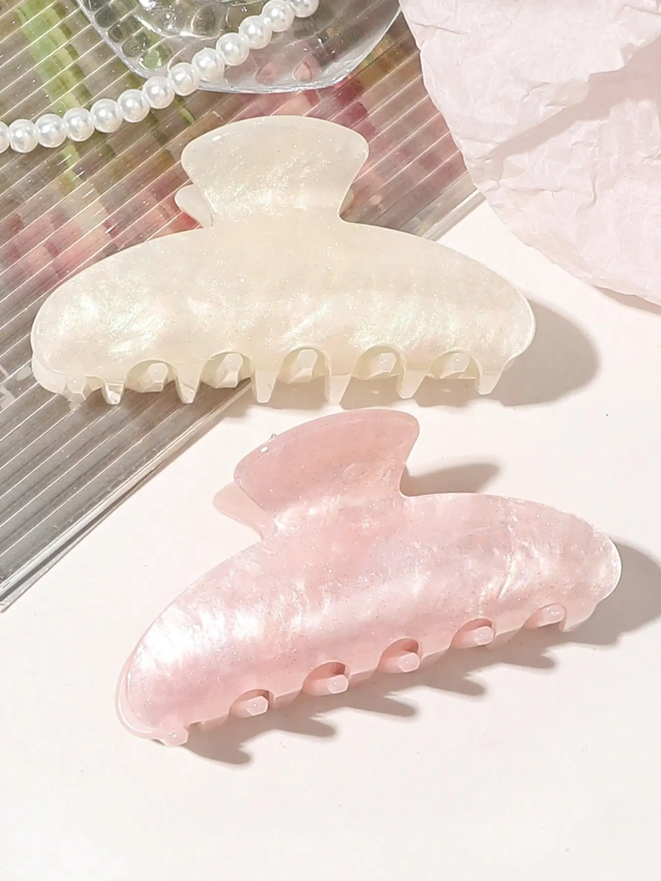 2pcs/Set Minimalist Vintage Half Circle Hair Claw, Curly Wavy Claw, Warm Beige And Pink Marble Pattern, Sweet For Tea Party Decoration, School Stuff, College Hair Accessories, Fashion Hair Accessories, Super Cute Clips, Barrettes, Hair Claws Set