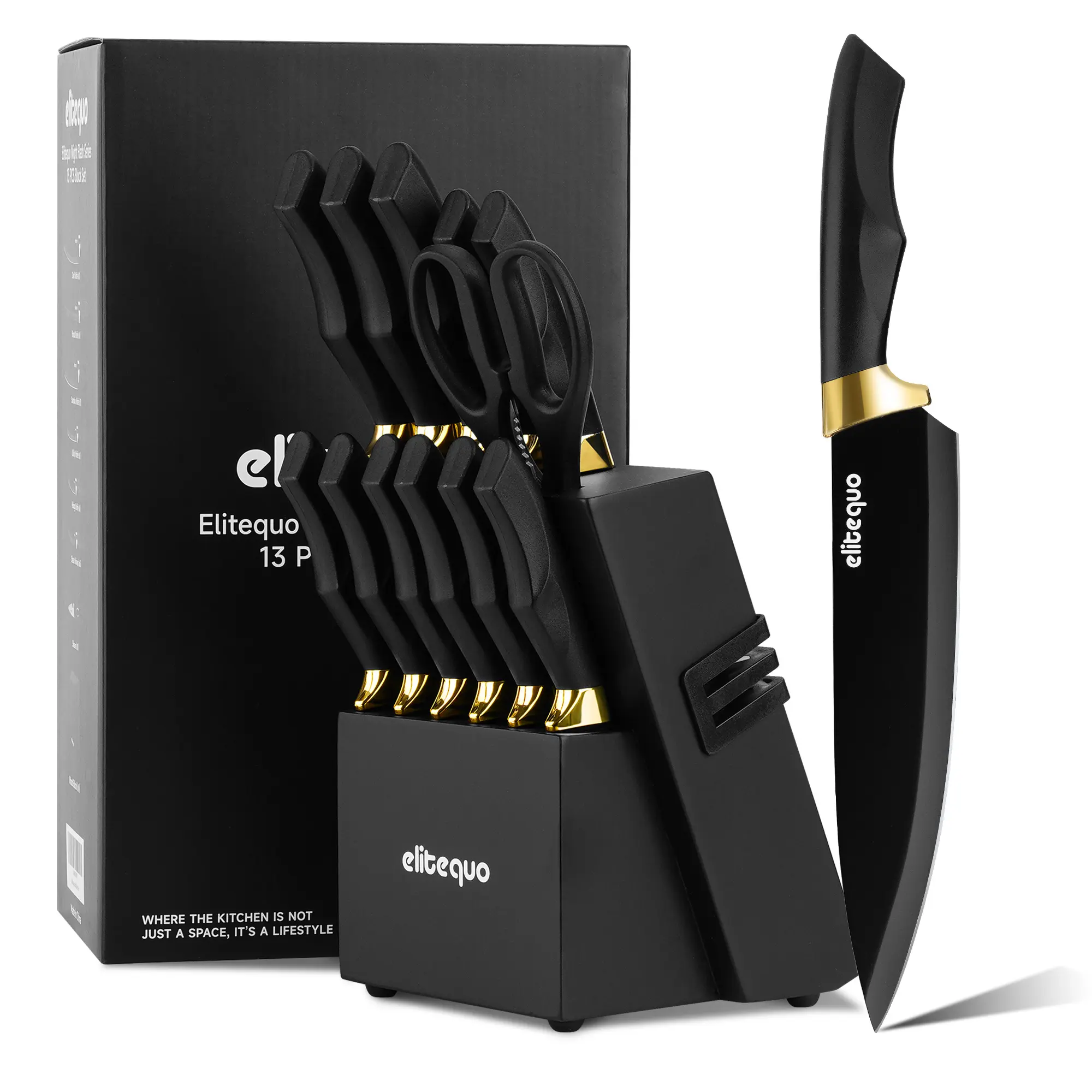 Elitequo 13-Piece Stylish  Knife Set, Sharp Kitchen Knife Set with Built-in Sharpener, Stainless Steel Knife Block Set, New Home Gift for Modern Kitchens