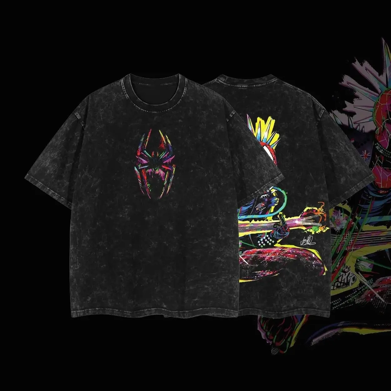 Superstyle Neon Spidey Punk Rock - Spidey Verse MCU Edition Double Printed Oversize Lightweight Acid Washed Tee TV Series Graphic Design Top Cotton Streetwear Comic Superheroes T-Shirt Clothes Menswear Womenswear OL4 WQ9 YJ5