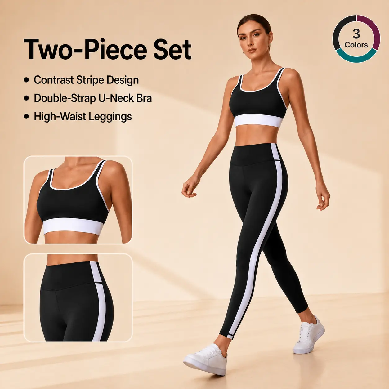 Women's 2 Piece Workout Set, Contrast Trim Sports Bra and High Waisted Leggings, Matching Yoga Outfit for Gym Pilates Fitness