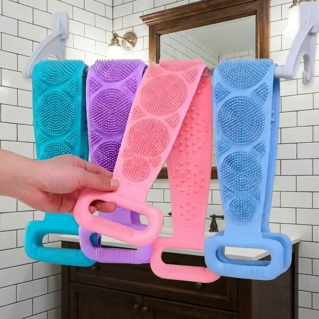 Double-Sided Silicone Body Scrubber for Shower, Flexible Back Scrubber Strap, Soft Exfoliating Bath Brush for Deep Skin Cleansing, Body Brush for Men & Women, Suitable for All Skin Types