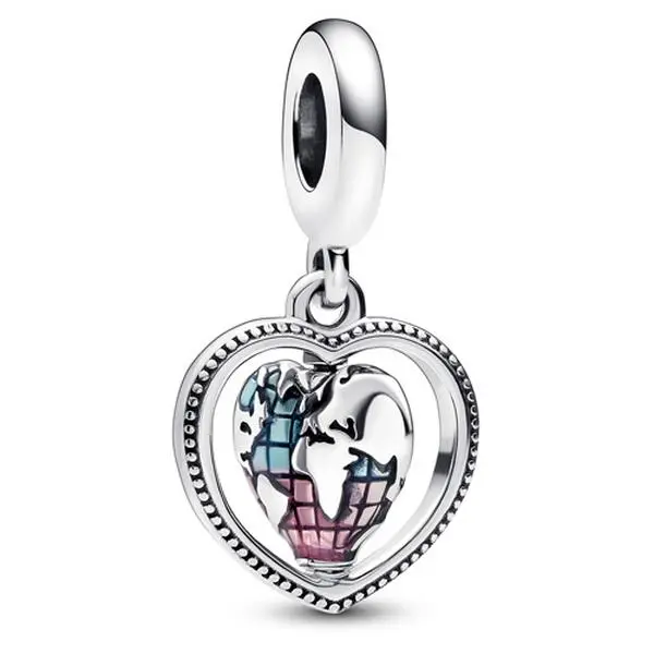 Pandora Family Spinning Heart Globe Dangle Charm 792240C01 - Graphic, Family Theme, Spin Reveals Msg, Unisex Charm, Personalized Jewelry, Enamel Decoration, Gradient Enamel