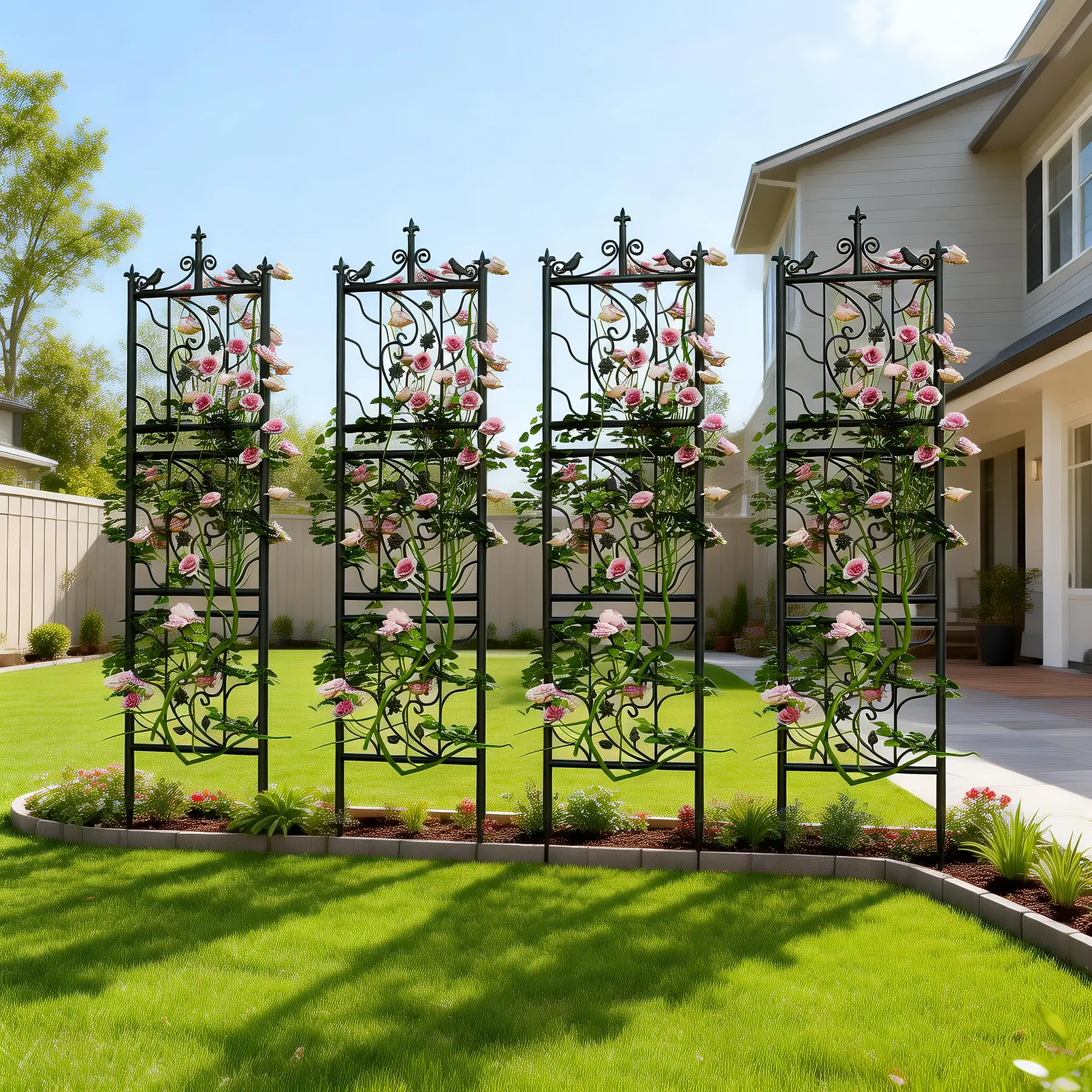 2-Pack Anti-Rust Black Iron Garden Fence, 6.3ft (195x50cm) Floral Climbing Support for Plants Flowers Roses, 2 Panels 4.7kg/10.3lbs Home Garden Decor (Home Improvement Supplies)