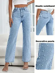 Casual Fashion Women's Light Luxury Pearl Embellished Jeans, Mid-Waist Straight Leg Pants, Daily Wear, Trendy and Comfortable