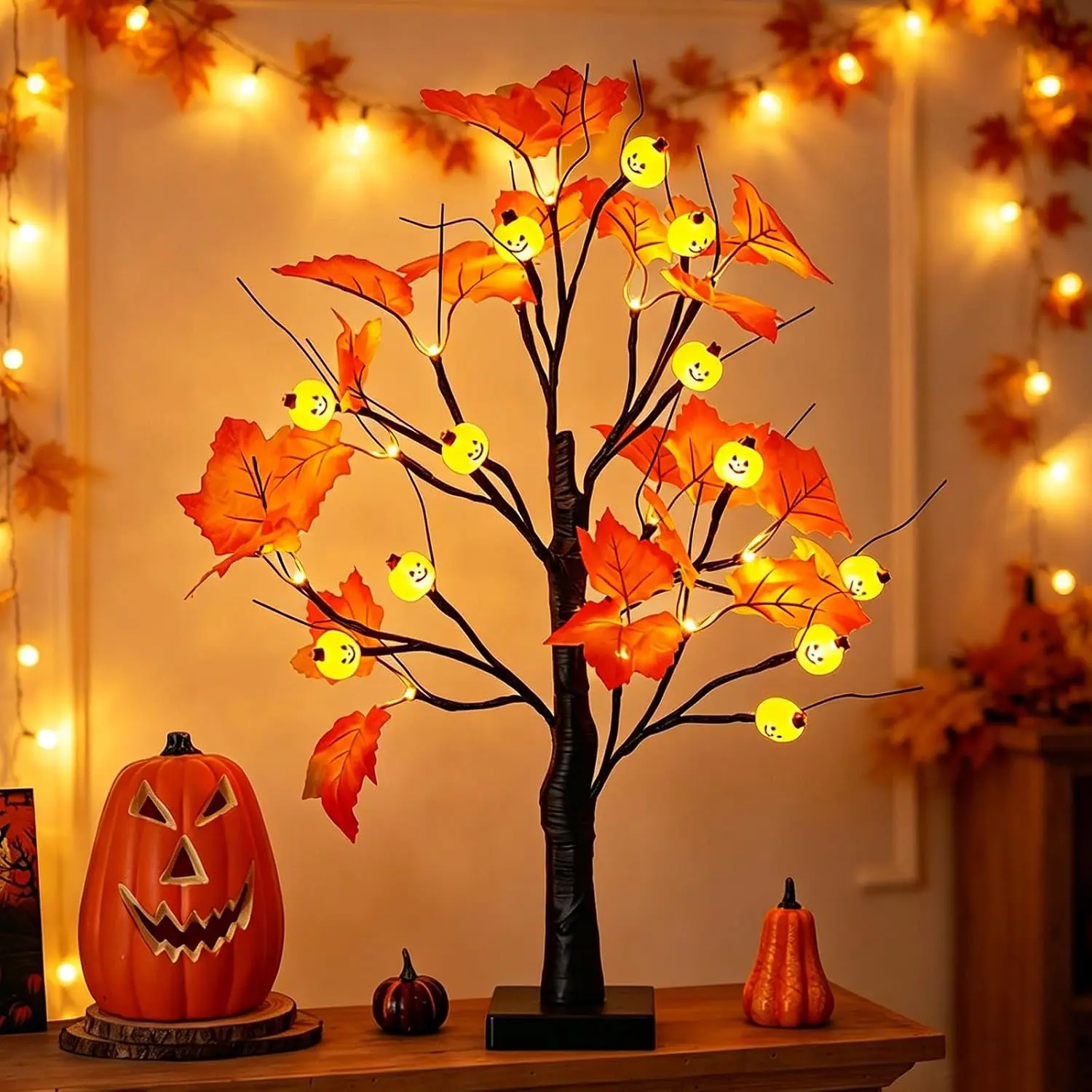 Lighted Fall Maple Tree with Pumpkin, 23.6 Inch LED Fall Tree Lights, Battery & USB Powered Tabletop Decoration for Halloween, Thanksgiving, Harvest, Bedroom and Home Decor**