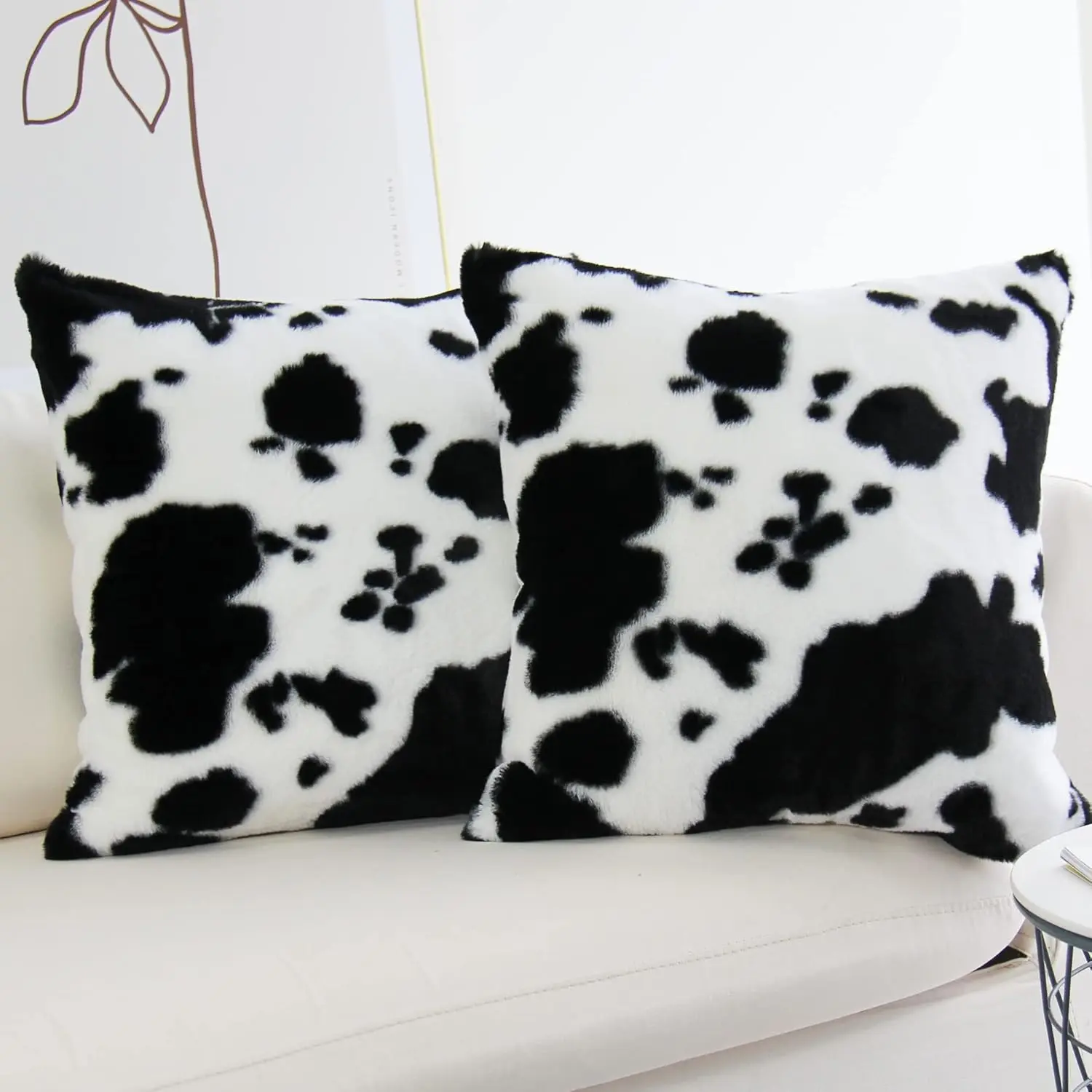 Cowhide Throw Pillow Covers Farmhouse   Soft Cozy Fleece Flurry Cushion Case Cow Pattern Faux  Pillowcases for Couch Bedroom Set of 2 18 x 18 Inch Black