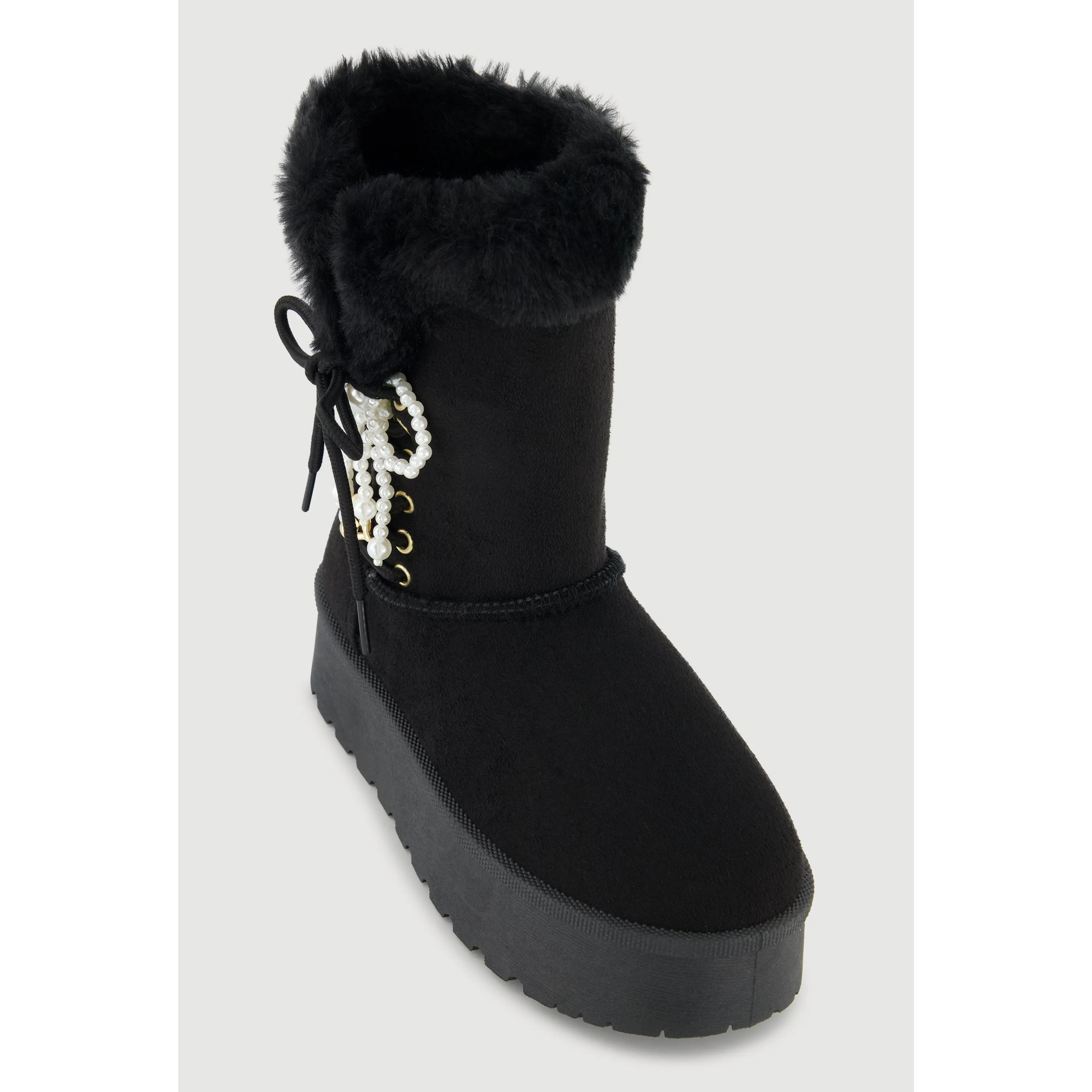 Faux Fur Lined Platform Booties with Faux Pearl Bow