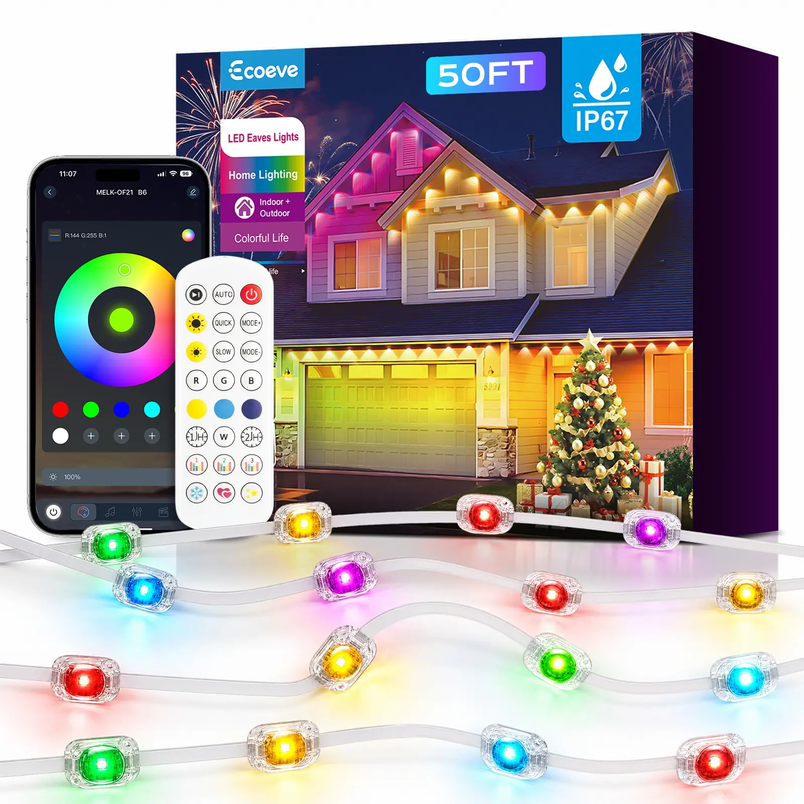 Velunora Outdoor Roofline RGB Changing LED Strip Lights - Smart Remote/App Control, 16M Dynamic Colors, Music Sync, IP67 Waterproof, Multi-Mode, Holiday Christmas Decorations for House Eaves