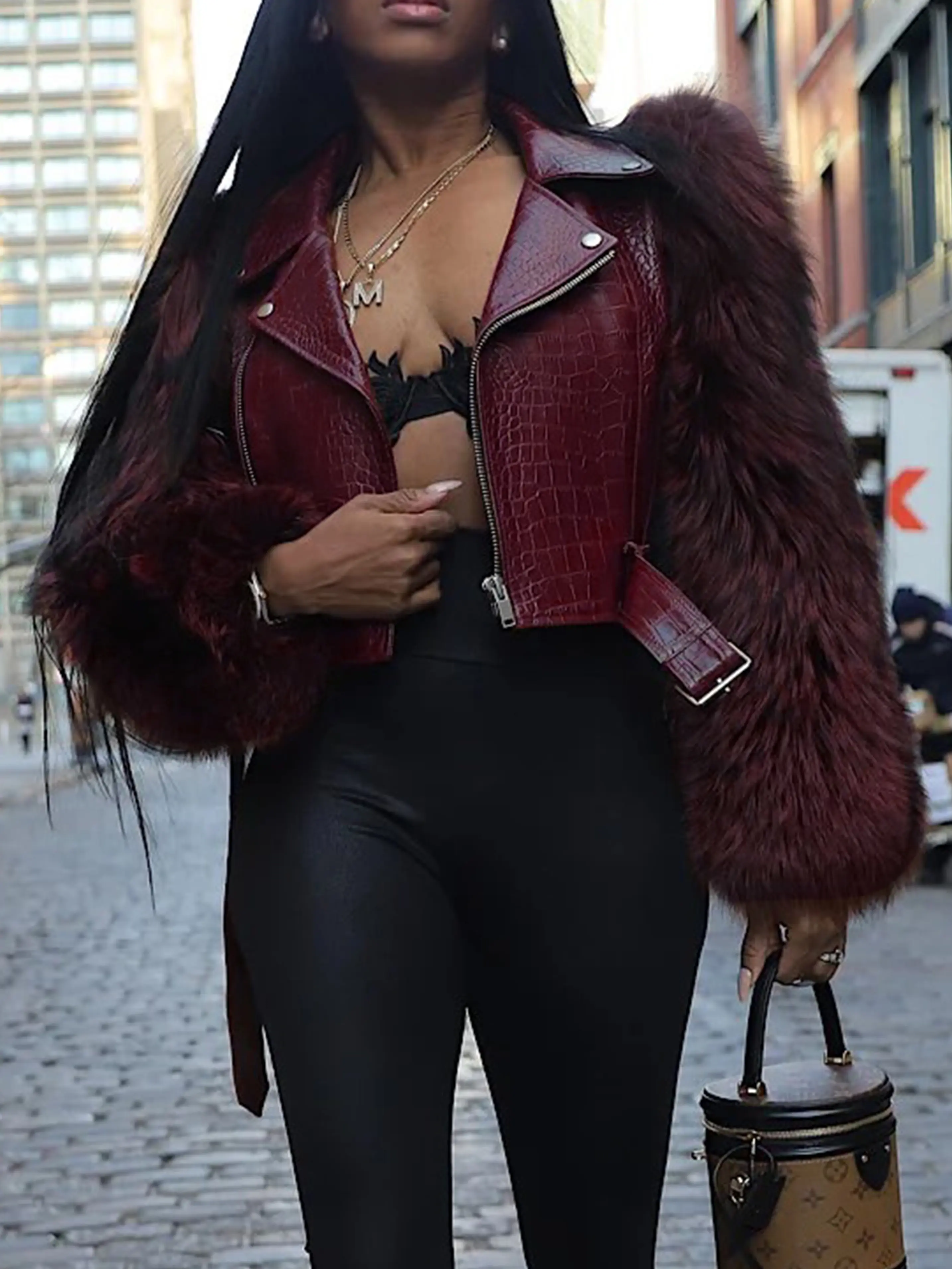 Women's Deep Red Faux Leather Chic Party Coat - Regular Fit, Faux Fur Trim, Solid Short Outerwear, Tops-Compatible Layer for New Year, Office, Care Note: Do Not Wash