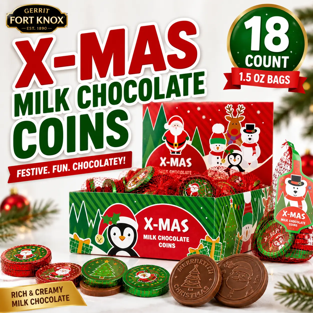 Gerrit Fort Knox Christmas Chocolate Coins 1.5 oz 18 Count  Holiday Milk Chocolate Coin Mesh Bags for Stockings, Parties & Gifts