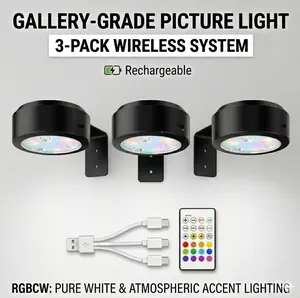 3-Pack Rechargeable RGB Picture Light with Remote - Magnetic Wireless Art Display Light for Paintings, Photo Frames & Wall Decor - Dimmable No Wiring Renter Friendly • lamps Adjustable Ceiling Sconces Touch-Activated Night USB-Powered
