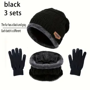 3pcs Gloves Scarf Fleece Beanie Set For Women & Men Black Knit Hats Warm Beanies Winter Neck Gaiter Elastic Gloves Outdoor Accessories