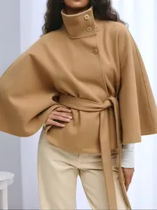 Women's Fashion Elegant Solid Color Cape Stand Collar Button Waist Belt Windbreaker Coat Jackets, Stylish and Chic Outerwear for Ladies