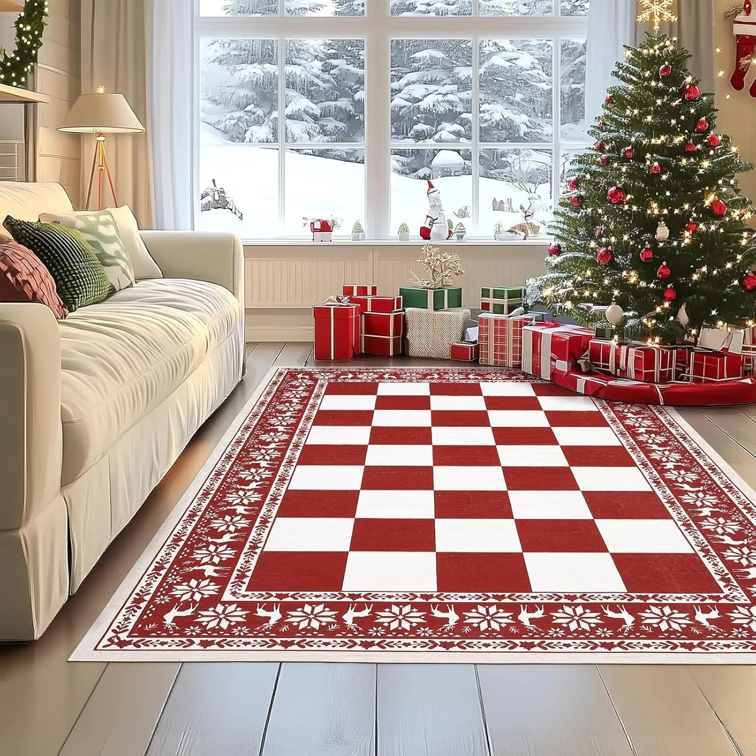 【Christmas Gift】4x6 Rugs for Living Room, Checkered Christmas Rugs for Holiday Decor, Non Slip Low Pile Washable Rug for Kitchen, Entryway, Bedroom, Red