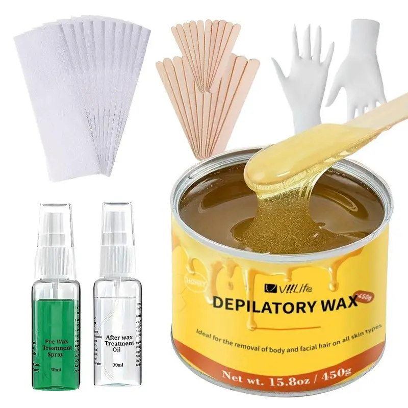 Women's Honey Depilatory Wax Hair Removal Home Waxing Kit 450g, Gentle Adhesion, Easy to Use, Suitable for All Skin Types, Body Safe, Smooth Depilation, Body Hair Remover, Bare Smooth Waxing, Waxing Supplies