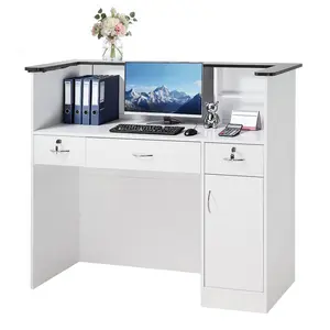 Reception Desk 50-Inch Rectangular Front Counter Table With Integrated Light Strip, Modern Office Front Desk With Three Drawers And Ample Storage Cabinets, Ideal Retail Checkout Counter, Lobby, Salon, And Office Reception
