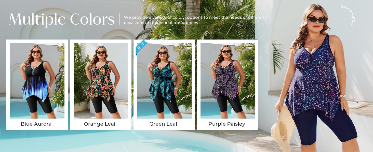 Hanna Nikole Women Plus Size Tankini Swimsuit 2 Piece Bathing Suits with Pockets Flowy Rash Guard Swimwear with Capris Shorts