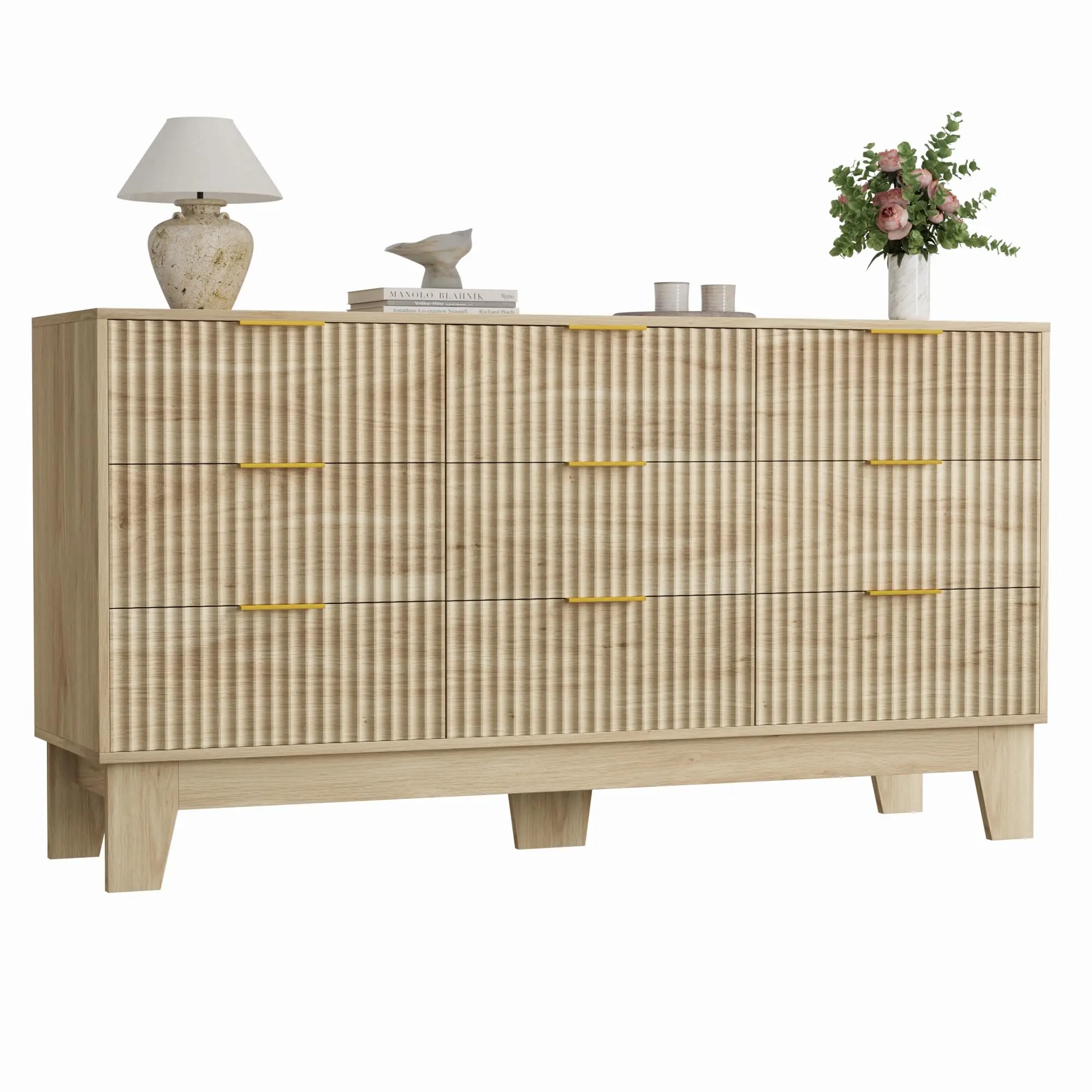 9 Drawer Dresser for Bedroom, 59" Wide Fluted Chest of Drawers with Metal Handle, Modern Wooden Dresser TV Stand, Clothes Storage Organizer Wood Closet for Hallway, Entryway