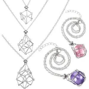 3 PCS Crystal Holder Necklace, Cage Pendant, Adjustable Crystal Cage Necklace Stainless Steel Empty Stone Holder Pendant for Women Men, Silver