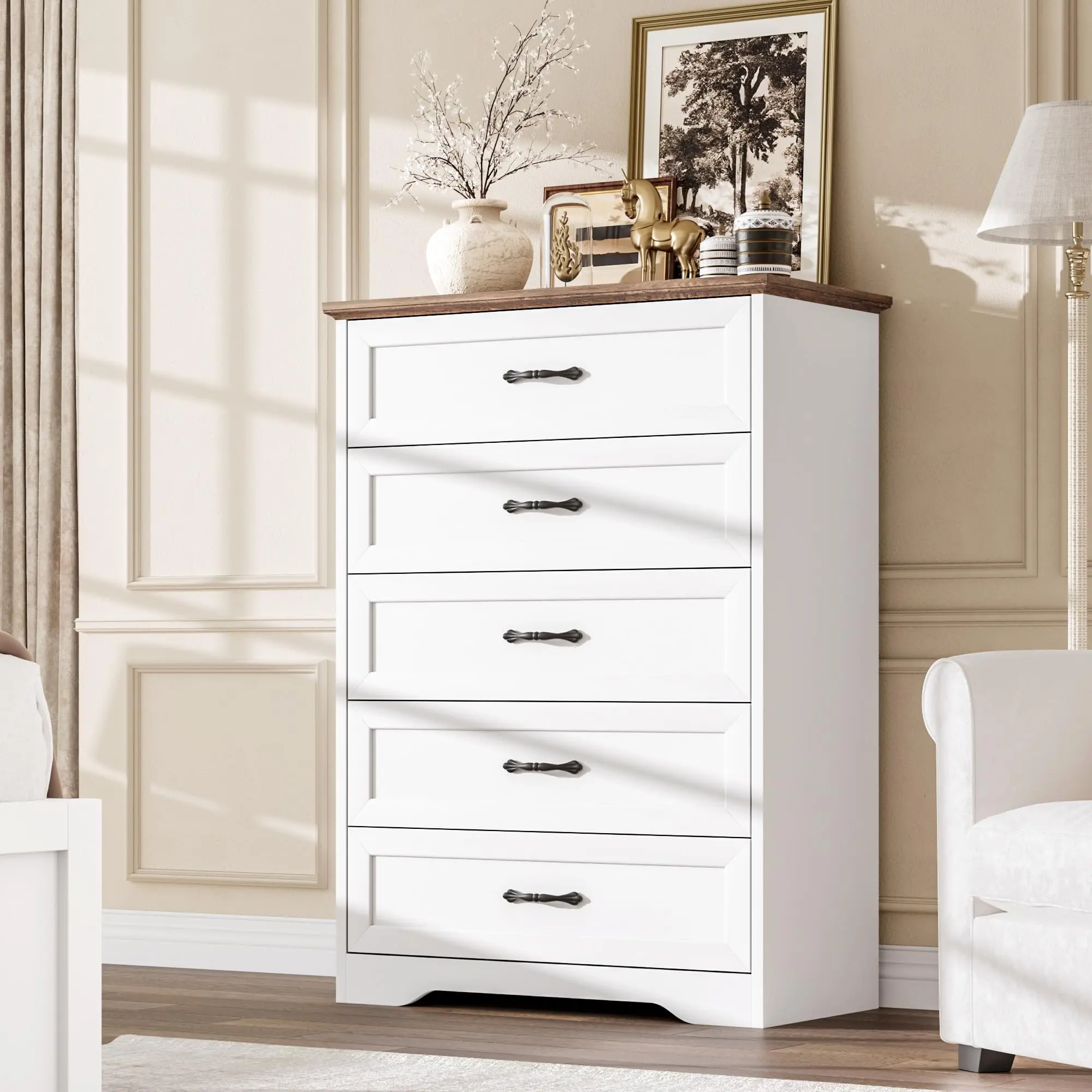 Garvee 31.5" Tall Wood 5-Drawer Bedroom Dresser - Wooden Cabinet with Metal Handles, Smooth Glides, Modern Indoor Cupboard for Bedroom Living Room Storage (Natural, White/Brown), Tall Height