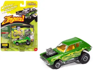 1971 AMC Gremlin Lime Green Metallic with Yellow Flames and Interior 1/64 Diecast Model Cars by Johnny Lightning