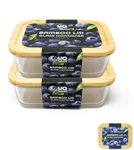 2 Pack- HQ TRENDS Medium Size Meal Prep Glass Food Container with Bamboo Lid, Rectangular 35 oz.