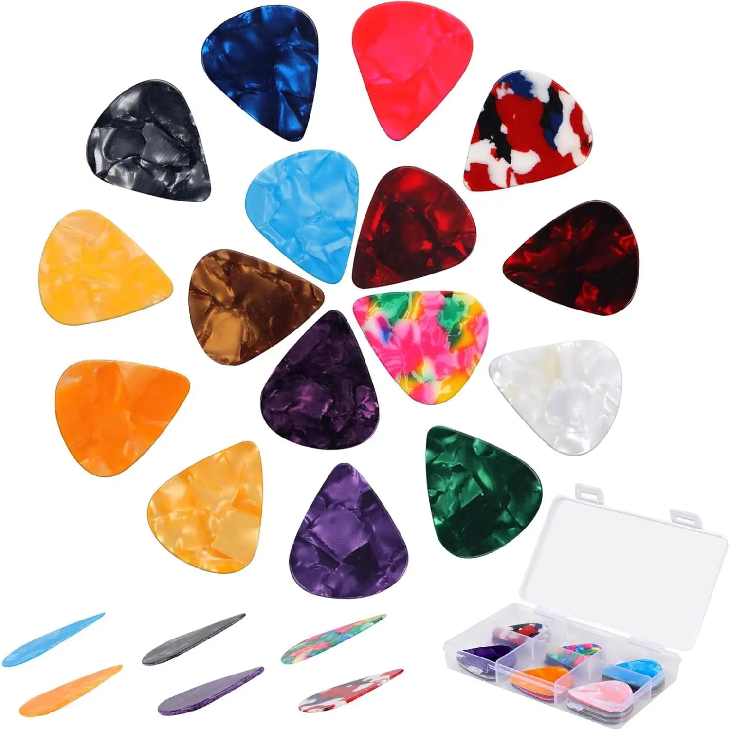 Guitar Picks 50 Pack, 6 Different Thickness Colorful Picks with Organizer Storage Box, Guitar Picks for Acoustic Guitar, Electric Guitar, Bass, Ukulele
