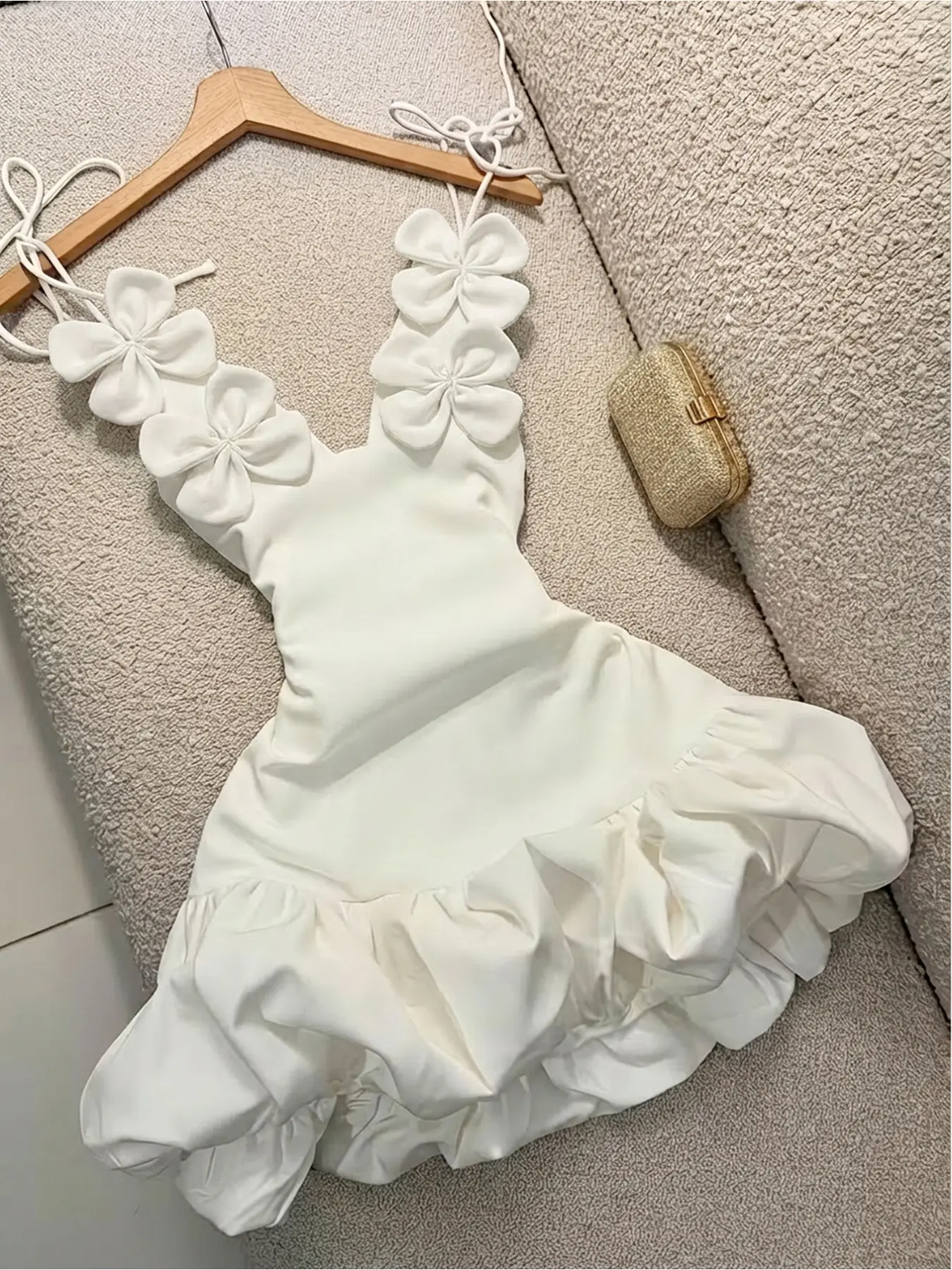 Pure & seductive, Feminine Chic style three-dimensional flower V-neck tie camisole dress, waist-cinched ruffle bud short dress, suitable for party, dating and formal outfits, Elegant Party Dresses, Cocktail Party Dresses, Womenswear
