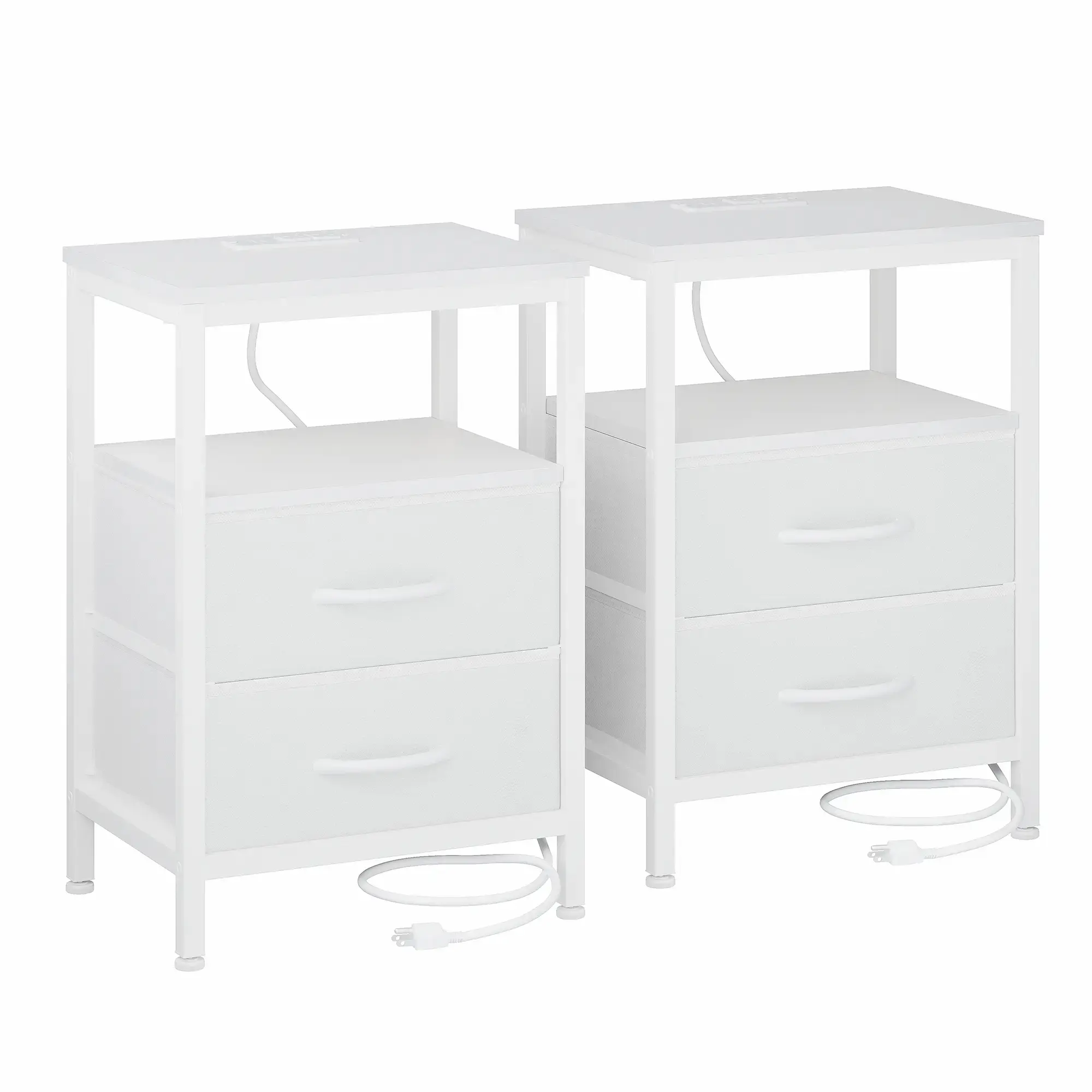 Set of 2 Nightstands with Charging Station - 2 Fabric Drawers, USB Ports, AC Outlets, Adjustable Middle Shelf, 66 lbs Capacity, 4.9-ft Power Cord Bedroom Decor Bedside Table Furniture, Compact Nightstand, Bed Side Tables