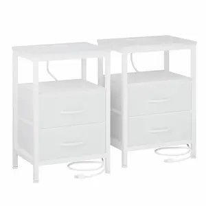 Nightstands Set of 2 with Charging Station & 2 Fabric Drawers, Bedside Table Furniture with USB Ports and Outlets