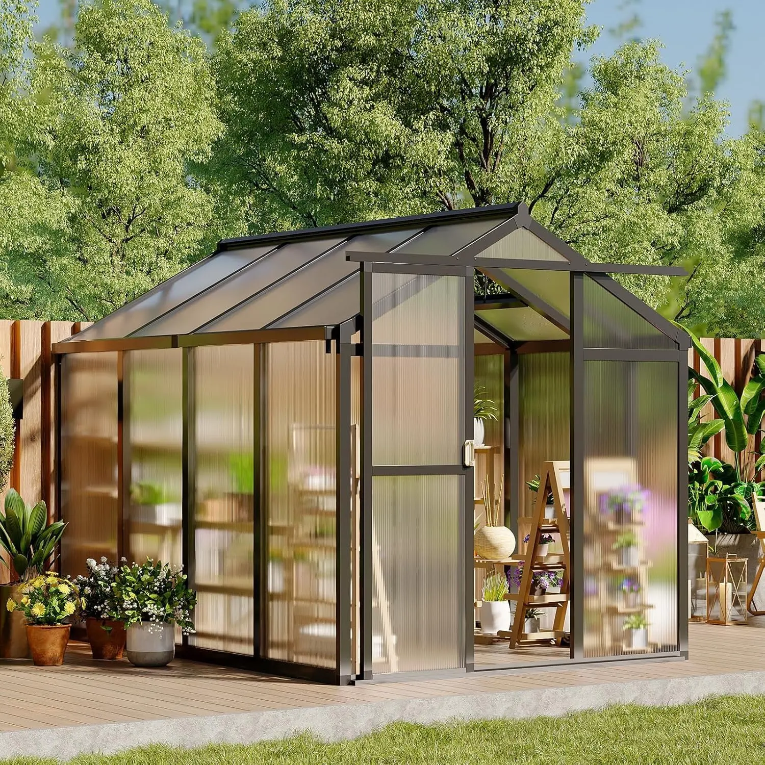 Adjustable Heavy-Duty Greenhouse - 6x10 Ft Outdoor Aluminum Frame Structure with Polycarbonate Panels, Roof Vents, Sliding Doors, Eco-Friendly Weatherproof Modern Black Unit for Gardening Natural Light Optimization, Ventilation System, Adjustable Greenhou