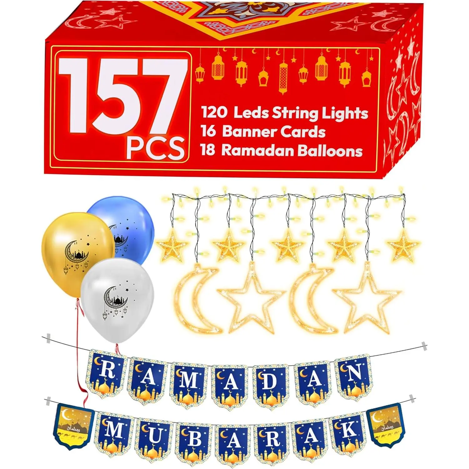 Ramadan Decorations for Home 2025 Set (Ramadan Lights -2 Ramadan Banner -18 Ramadan Balloons - Ramadan Card) Ramadan Decor - Ramadan Gifts for Kids - Ramadan Decoration - زينة رمضان كريم ديكور