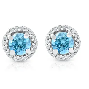 5/8 Ct Halo Blue Lab Grown Diamond Studs 10K White Gold Earrings