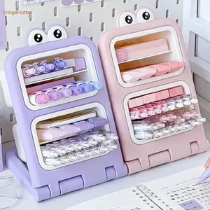 Desktop Slant-Insert Storage Box Large Capacity Cute Cartoon Layered Pen Holder Desk Organizer School Office Stationery Creative Pen Stand, Girly Office Supplies, Office Desk Accessories