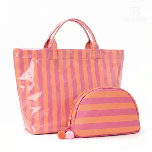 Preppy Stripe Large Tote  with Matching Makeup Pouch, 2Pcs Set Summer Travel Beach  for Women, Aesthetic HandBag Commute Tote 2026 #SummerVibes tiktokshopspringglowup,summervibes mexican bag