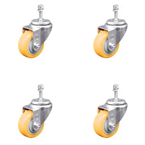 Stainless Steel Polyurethane Swivel Threaded Stem Caster Set of 4 w/3" x 1.25" Yellow Wheels and 10mm Stems - Includes 4 Swivel - 1200 lbs Total Capacity - Service Caster Brand
