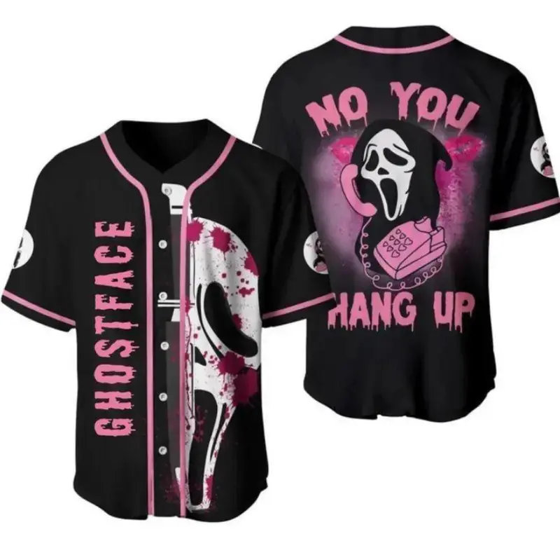 Ghostface "No You Hang Up" Halloween Baseball Jersey | Cute Black Pink Spooky Season Button Down Shirt for Horror Fans