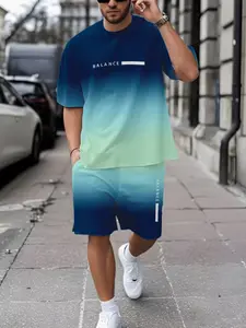 Men's Breathable Outdoor Casual Sportswear Set, Modern Sportswear, All-Over Printed Fitted Short Pants & Sporty Round Neck Tee, Ideal for Daily Wear