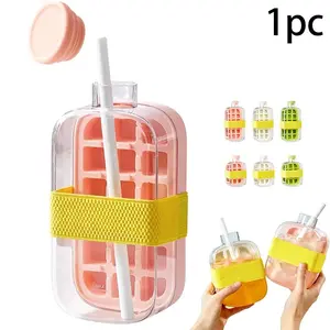 2 Types of Cup And Cube Mold 2 in 1, Cup with Straw, Silicone Straws, Contactless Press Cube Mold, Portable Cup Camping, Summer Party, Family, Drink, Coffee, Home Bar Accessories
