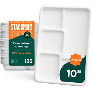 100% Compostable Paper Plate 125-Pack 5-Compartment Bagasse School Lunch Tray, Heavy Duty Quality Disposable Tray, Eco-Friendly Made of Sugar Cane Fibers